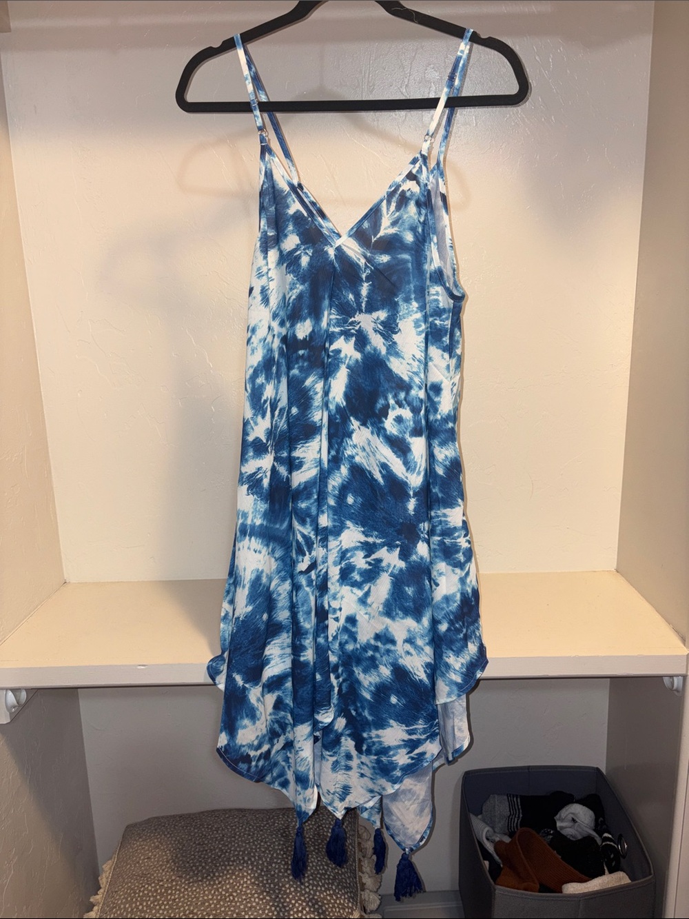 Cupshe Blue & White Tie-Dye Tassel Spaghetti-Strap Swim Coverup